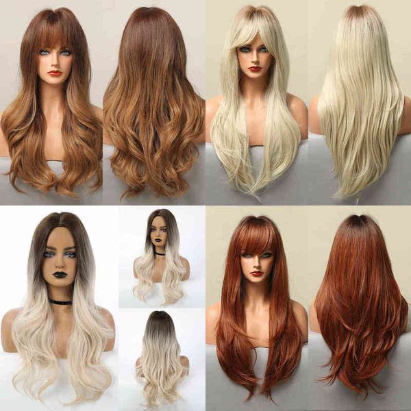 

long wavy synthetic wigs chestnut brown with bangs for women heat resistant fiber cosplay lolita daily party replacement 220622, Black