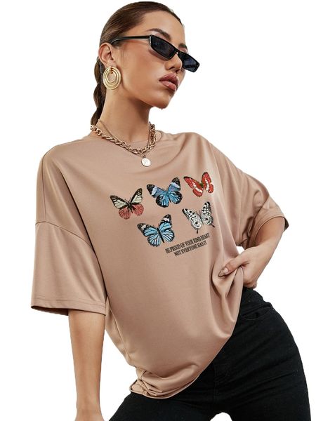 

butterfly & slogan graphic drop shoulder tee l3k4#, White