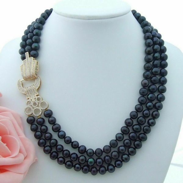 

19&quot freshwater 8-9mm 3 strand black pearl necklace, Silver