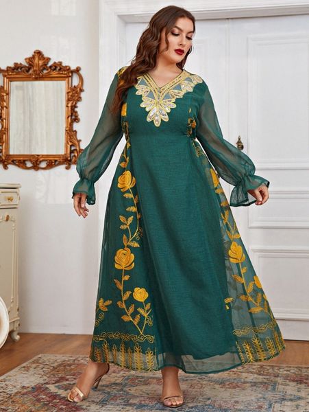 

plus floral embroidered sequin panel a-line dress j3xp#, Black