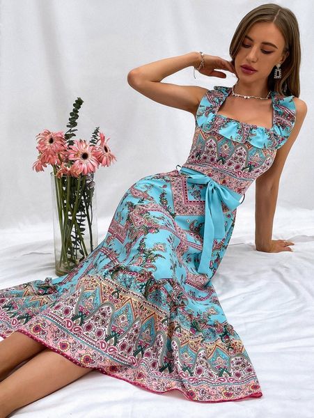 

paisley & floral print ruffle trim halter neck belted dress i3do#, Black;gray