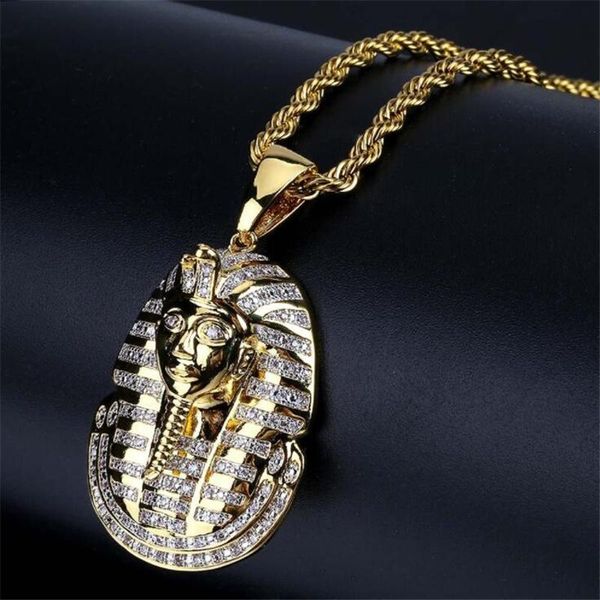 Подвесные ожерелья Классический древний египетский тутланговый золотая маска циркона инкрустанное колье хип -хоп мужской рок -вечеринка