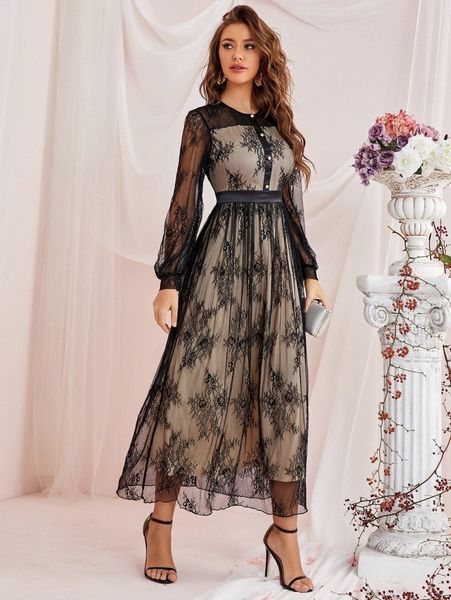 

lantern sleeve fake button lace a-line dress n1vj#, Black;gray