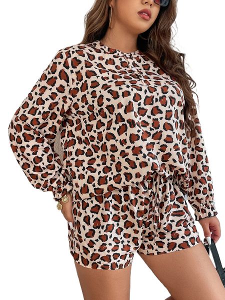 

plus leopard print drop shoulder & shorts g3nq#, Black