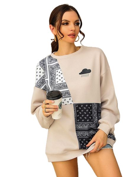 

paisley and scarf print drop shoulder pullover 19mv#, Black