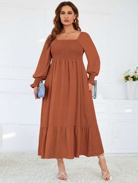 

plus square neck shirred flounce sleeve ruffle hem dress o8lj#, Black