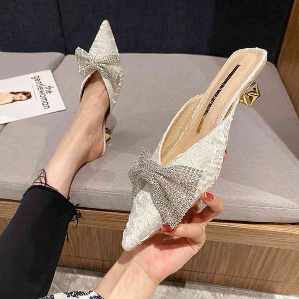 

slippers baotou semi high-heeled women's shoes summer and autumn bow pointed slippers cat thick lazy m6x0, Black