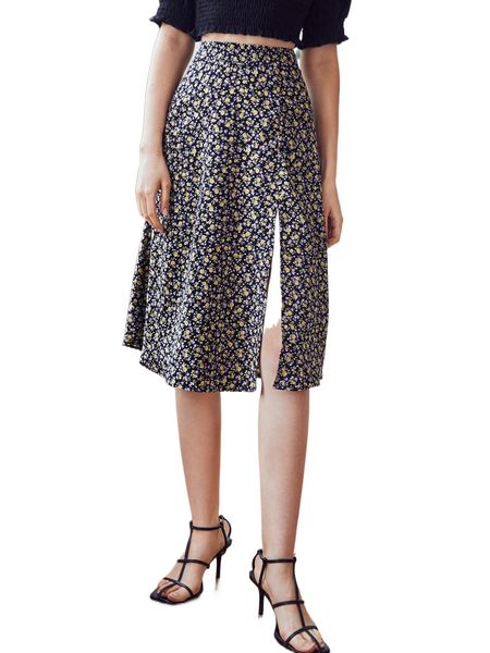 

ditsy floral split thigh skirt j8fb#, Black