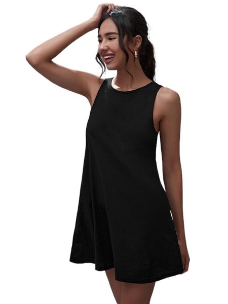 

pocket detail solid tank dress 38ry#, Black;gray