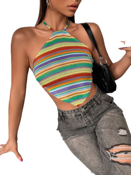 

colorful striped backless knot hanky hem halter p41j#, White