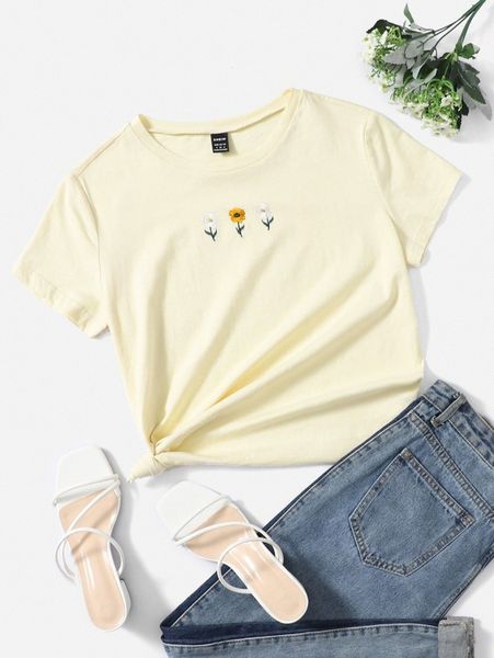 

floral embroidery round neck tee k070#, White