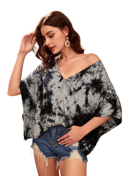 

fake buttons batwing sleeve tie dye tee y4t7#, White