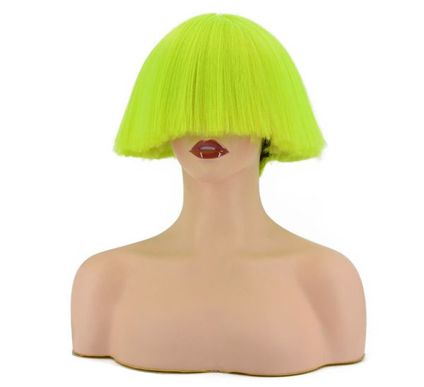 Флуоресцентный зеленый короткий боб парики с прямым цветом с плоскими ударами для женского костюма для макияжа Хэллоуин вечеринка
