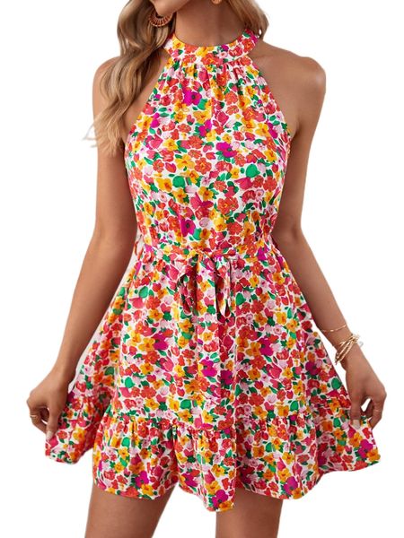 

allover floral print ruffle hem belted halter dress d7tx#, Black;gray