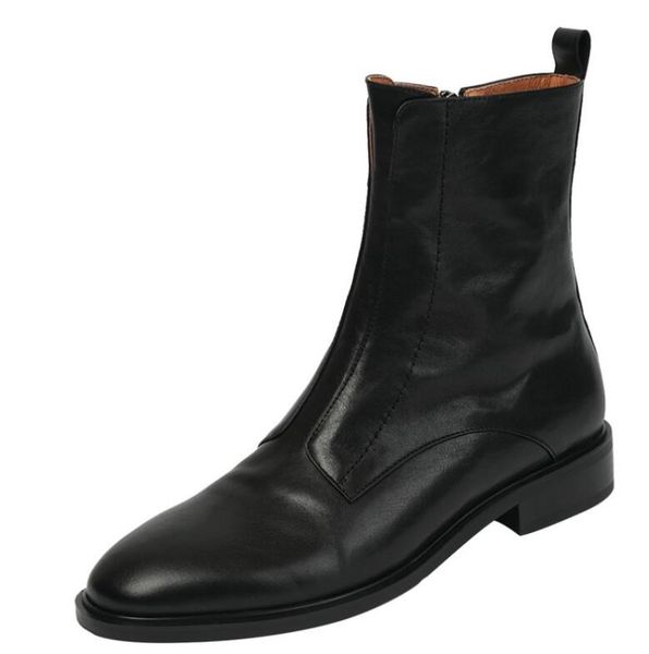 

black cowskin boots women flat shoes 2022 fashion lady short boots zipper shoe