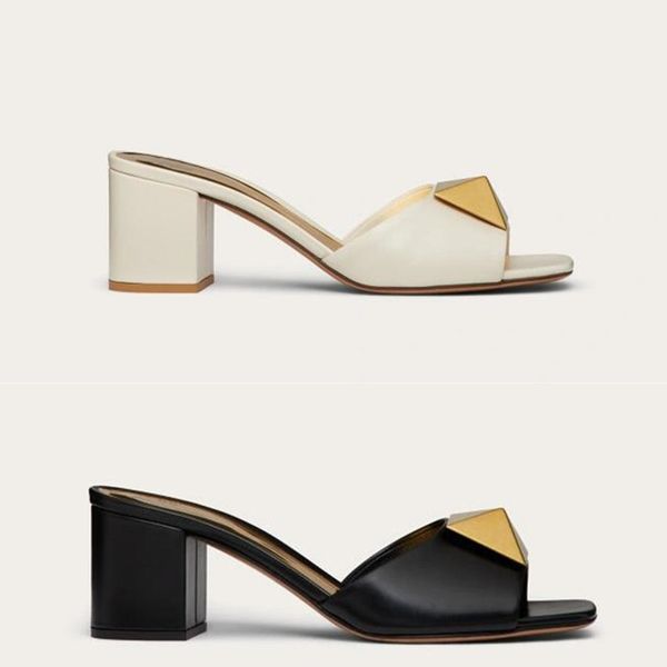 

2022 rivet designer women sandals high heels dress shoes leather flat slippers flip flops slippers heel height 6cm size 35-41, Black