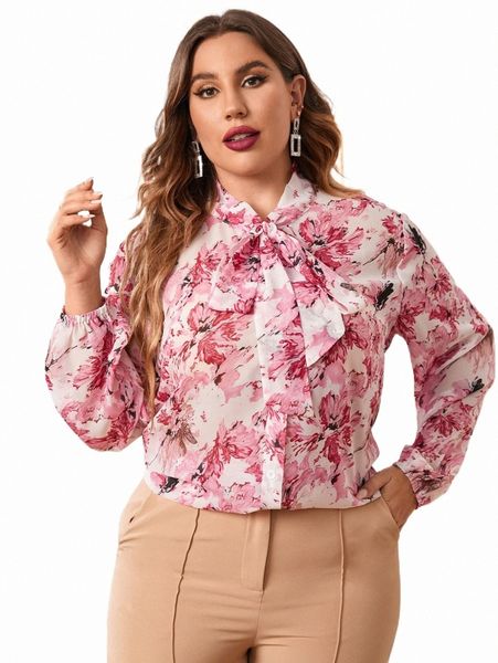 

plus floral print tie neck shirt x81e#, Black