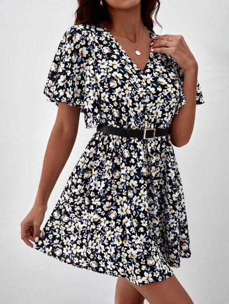 

floral butterfly sleeve flared hem dress t6nt#, Black;gray