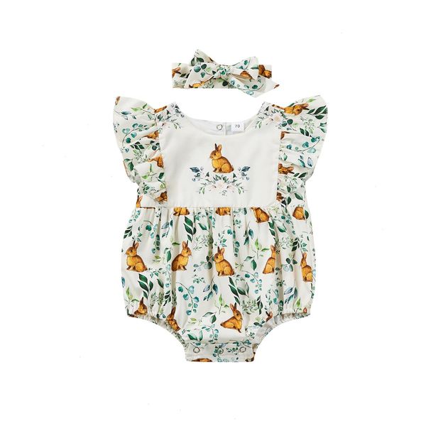 

infant baby girl summer jumpsuit fly sleeve round neck romper flower leaf rabbit print bodysuit headband, Blue