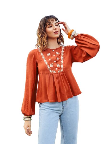 

half button floral embroidery ruffle hem blouse g3bs#, White