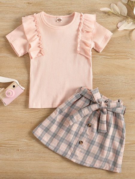 

toddler girls ruffle trim tee& plaid print belted skirt she02, White