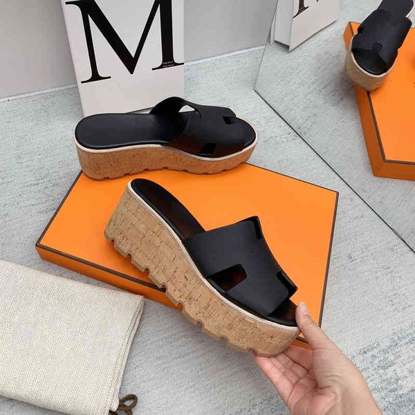 

26% off 2022 sandals wedge heels women summer genuine leather platform slippers open-toes beach slides new flip flops designer shoes size 34, Black