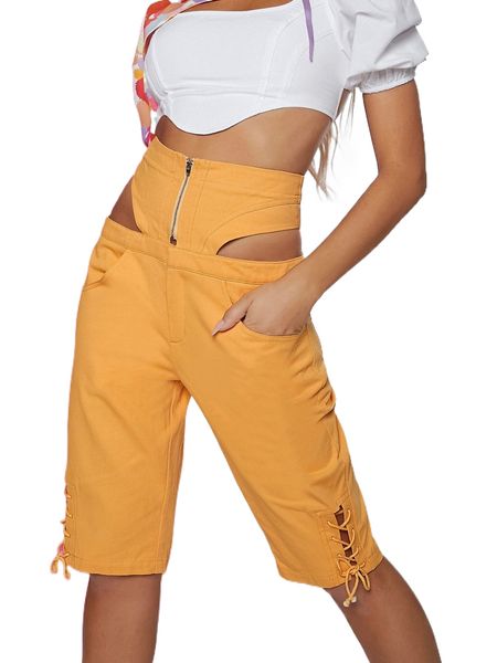 

x ji yeon lee cutout high waisted lace-up cargo shorts 37xs#, White;black