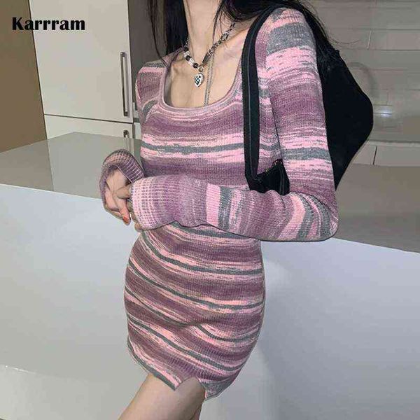 

karrram spring korean fashion striped mini dress women knitted sweaters dress elegant ladies square collar bodycon vestidos 2022 y220413, Black;gray