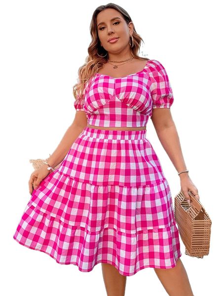 

plus buffalo plaid puff sleeve & ruffle hem skirt z4e3#, Black