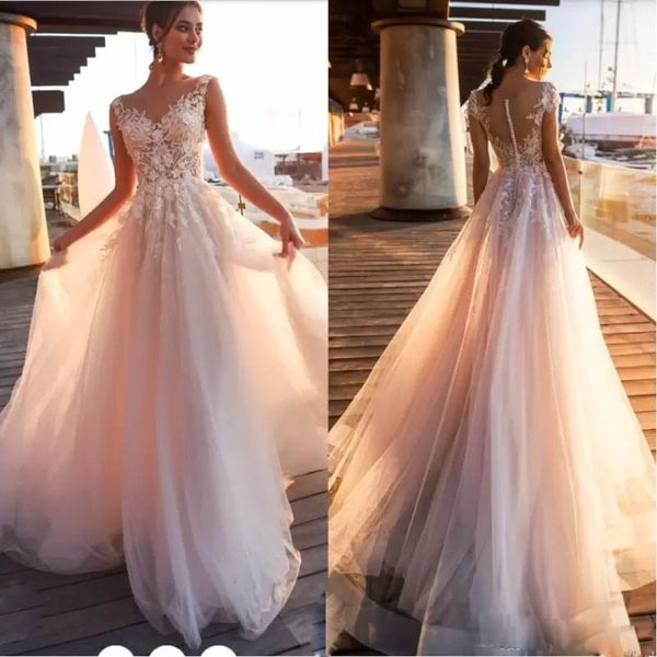 

new arrival modern sheer v neck straps applique boutique wedding dresses illusion bodice see through wedding gowns customize beach bridal dr, White