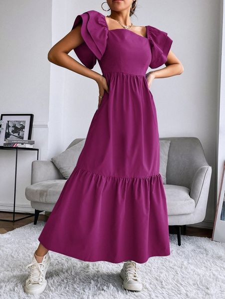 

layered sleeve ruffle hem dress q2x2#, Black;gray