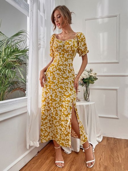 

floral print split hem off shoulder dress q1lt#, Black;gray