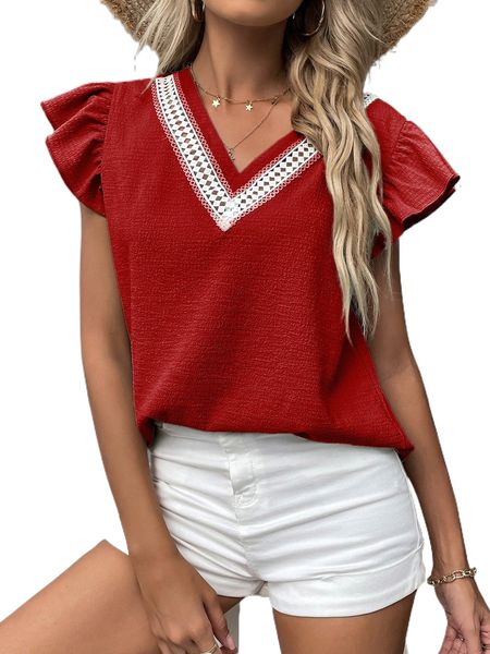 

guipure lace insert butterfly sleeve blouse v7yv#, White