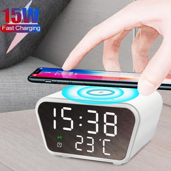 Caricabatterie wireless per orologio da tavolo multifunzionale 15W con display digitale HD Sveglia Temperatura Ricarica portatile per smartphone