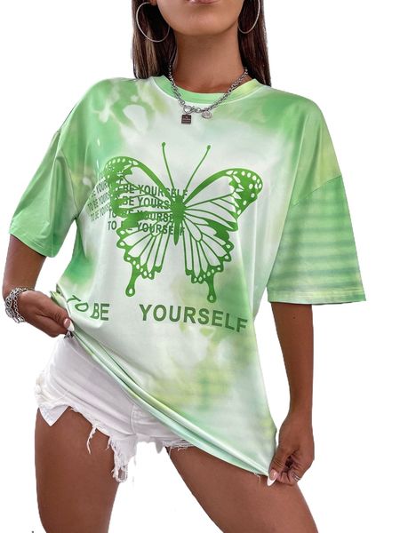 

drop shoulder slogan and butterfly print tie dye r4vj#, White