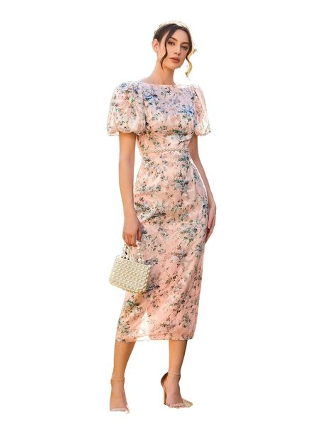 

allover floral print puff sleeve dress without belt i225#, Black;gray