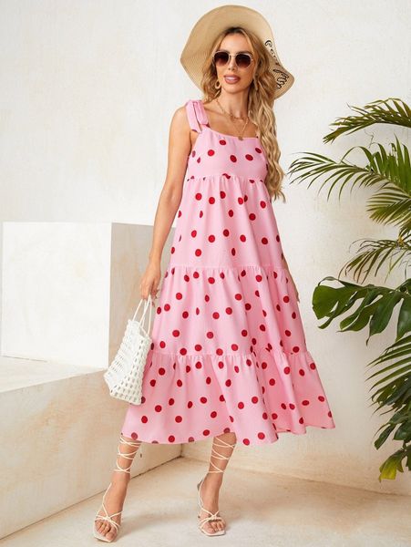 

knot shoulder polka dot print ruffle hem cami dress g5vp#, Black;gray