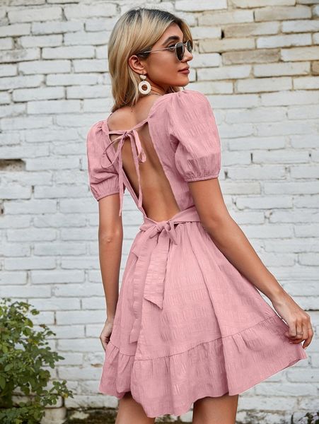 

puff sleeve tied open back dress w03j#, Black;gray