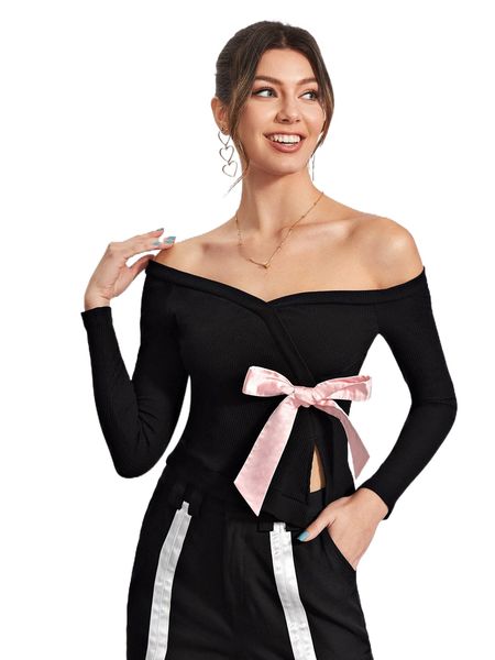

x trang duong off shoulder bow front split hem tee 96iq#, White