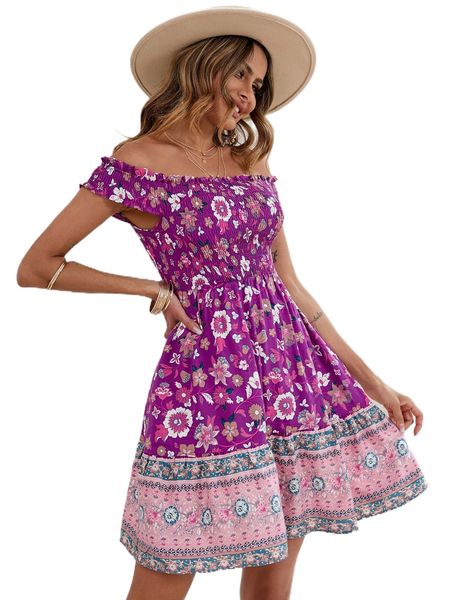 

f.loral print s.hirred o.ff s.houlder d.ress t2gd#, Black;gray