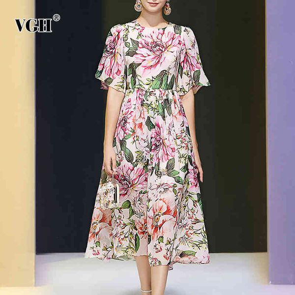

elegant patchwork ruffle print dress for women o neck short sleeve high waist vintage midi dresses female summer fashion 210507, Black;gray