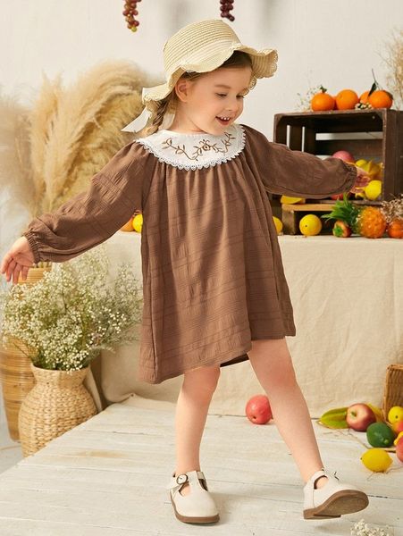 

toddler girls floral embroidery contrast lace bishop sleeve dress she, Red;yellow