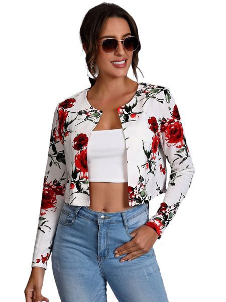 

floral print open front crop jacket 32ub#, Black;brown