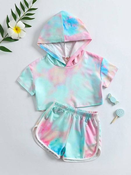 

toddler girls tie dye hooded tee & contrast binding shorts she, White