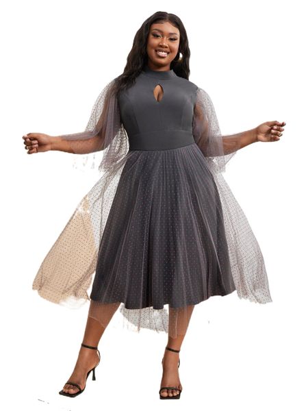 

x fotini plus dobby mesh panel keyhole neck butterfly sleeve dress x4qe#, Black