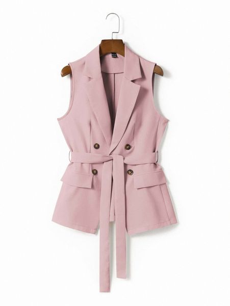 

lapel collar double button placket flap detail belted vest blazer h87u#, White
