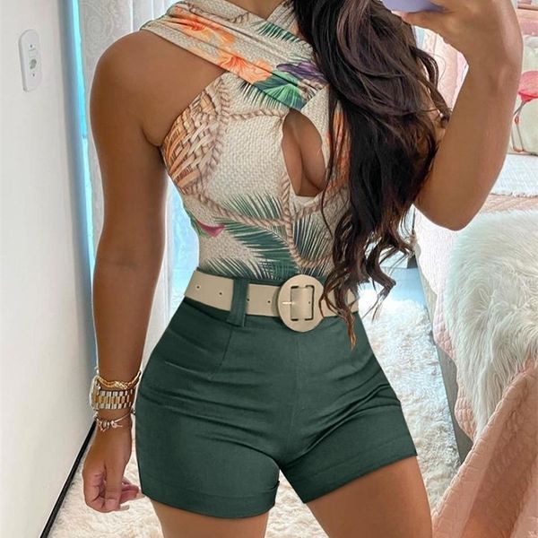 

summer casual two pieces suit women's fashion clothes cross halter cutout front tropical print sleeveless set holiday 220510, White