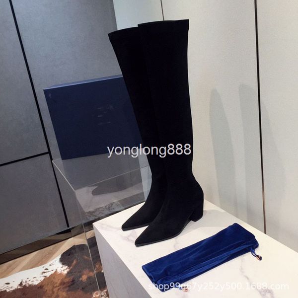 

boots boots women's over knee elastic net red high heels thick long tube suede versatile thin, Black