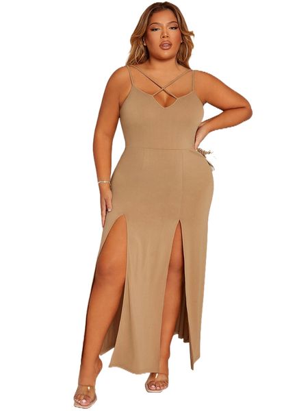

sxy plus crisscross yoke split thigh cami dress g8te#, Black