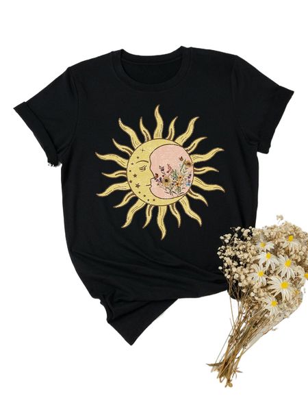 

plus sun & moon print tee m255#, Black